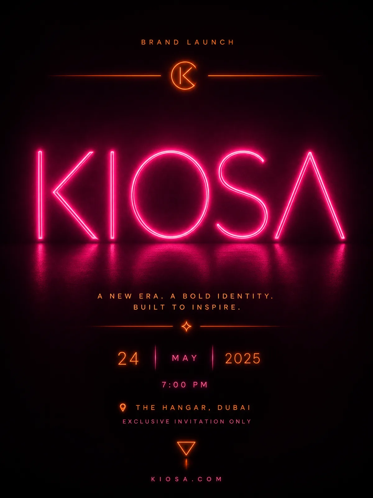 Affiche élégante « KIOSA » en néon magenta sur fond sombre