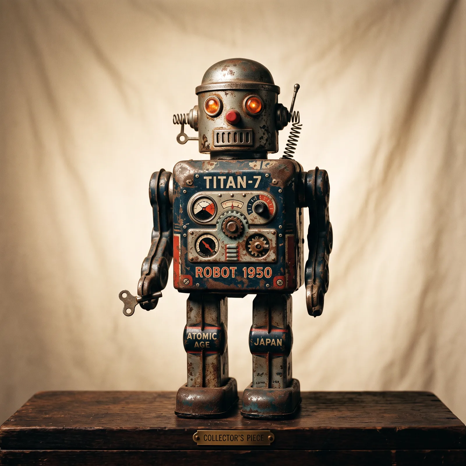 Petit robot vintage en tôle, photographié comme une pièce de collection
