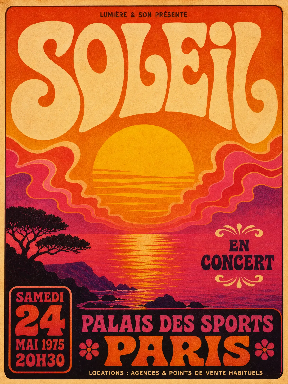 Affiche de concert dans une typographie inspirée des années 70